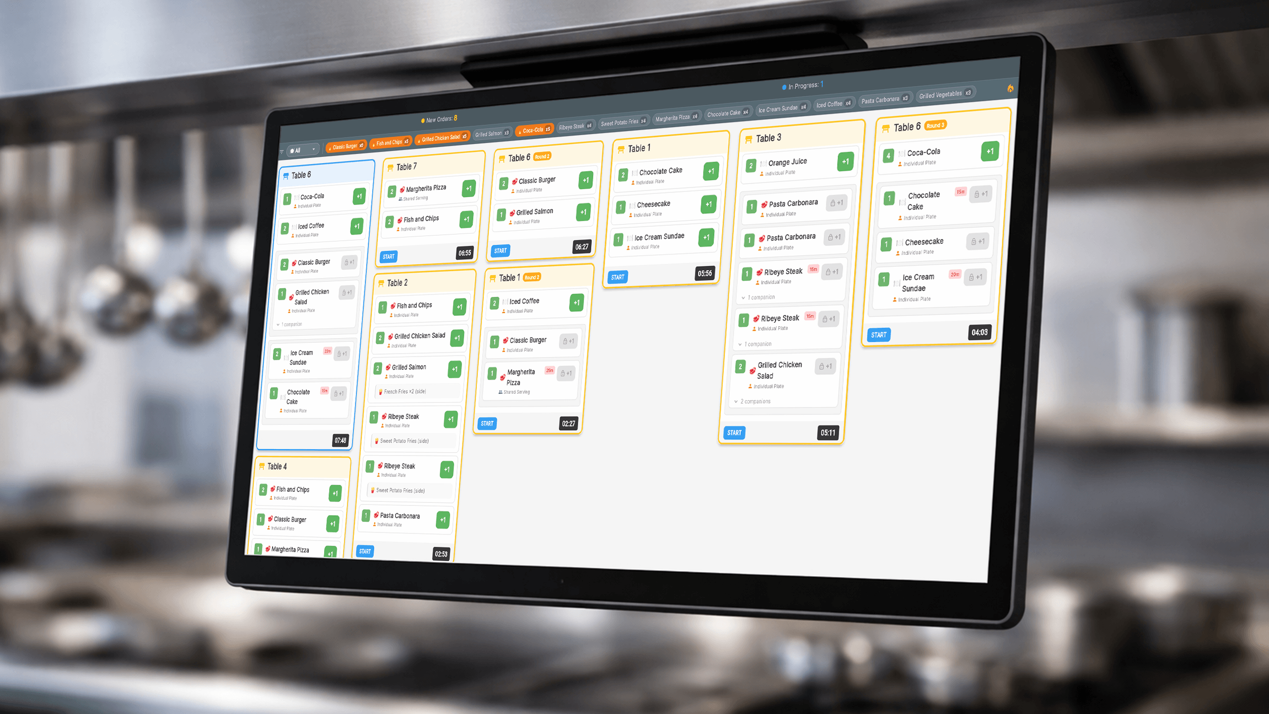 Kitchen Display System showing multiple active orders